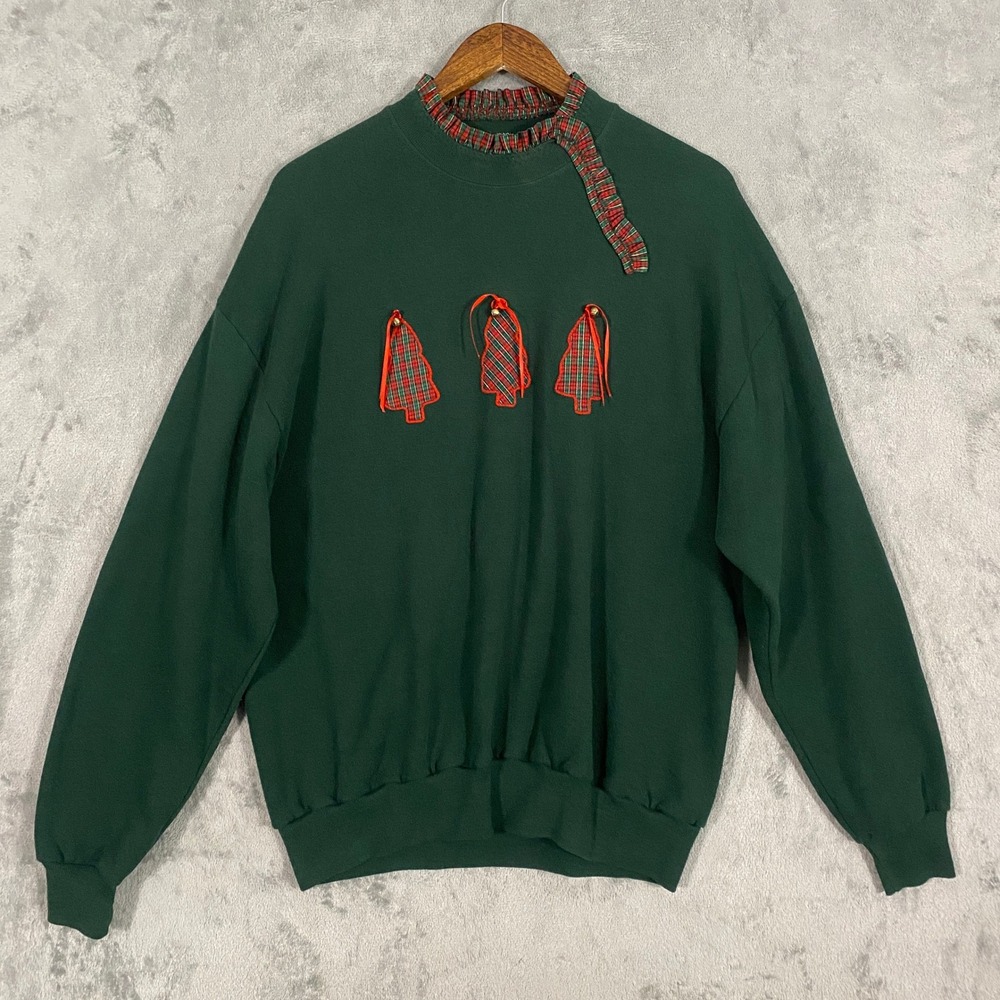 Jerzees Sweatshirt Sz XL Green Christmas Tree Plaid Ruffle Neck VTG Grandmacore